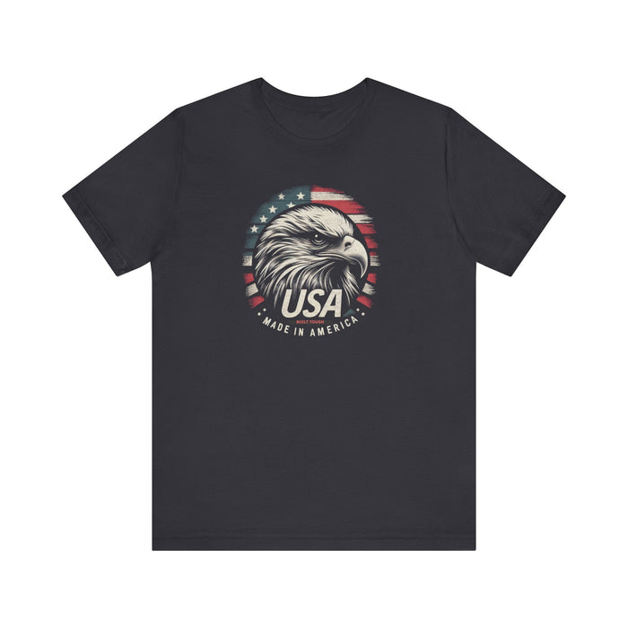 Printify T-Shirt Dark Grey / S Patriotic USA Made in America and Built Tough Unisex Jersey Short Sleeve Tee Soft Cotton Classic Great Gift, Husband Gift, Wife Gift