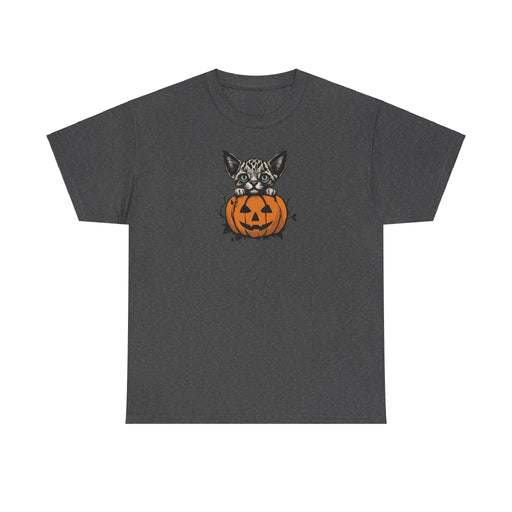 Printify T-Shirt Dark Heather / S Happy Halloween Cat and Jack-o'-lantern Unisex Heavy Cotton Tee Holiday Tshirt Mom Gift Girlfriend Gift Sister Gift Cat Tshirt