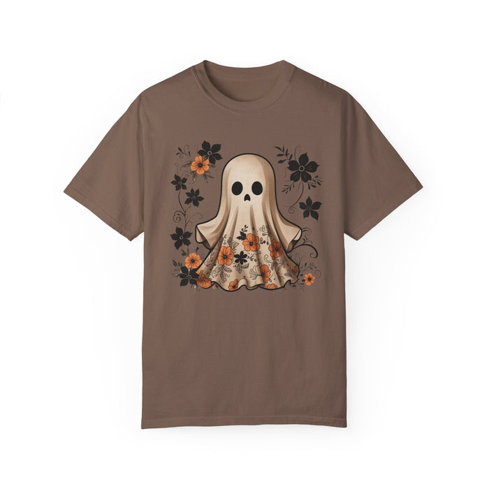 Printify T-Shirt Espresso / S Ghostly Elegance with Flowers Garment-Dyed T-shirt Comfort Colors Halloween Tshirt Fall Tee Trendy Comfy Womens Gift Daughter Gift Mom Gift