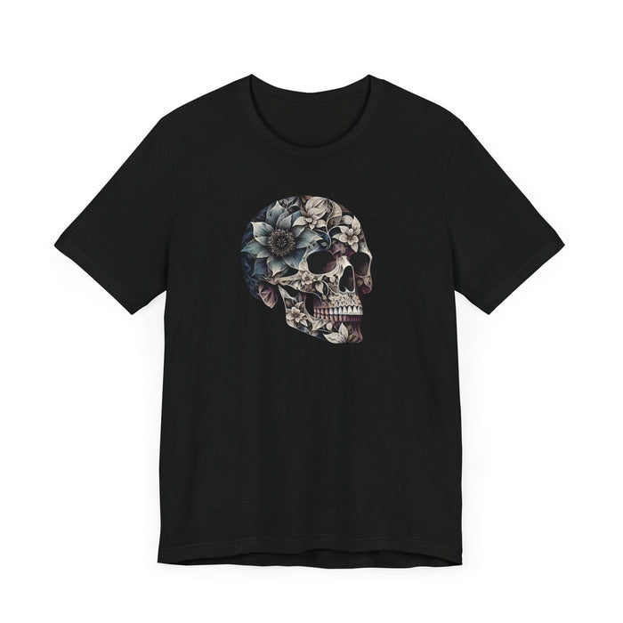 Printify T-Shirt Floral Skull T-Shirt Design - Live Wild Skull with Flowers and Vines Graphic Tee Great Gift, Skateboarder Shirt, Rock and Roll Shirt, Rose