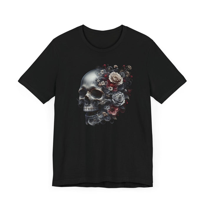 Printify T-Shirt Floral Skull T-Shirt Design - Live Wild Skull with Flowers and Vines Graphic Tee Great Gift, Skateboarder Shirt, Rock and Roll Shirt, Rose