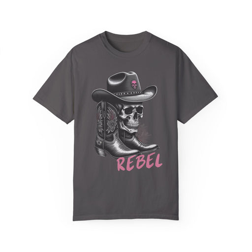 Printify T-Shirt Graphite / S Rebel Tee, Skull Cowboy Boots Rebel Unisex Comfort Colors 1717 Garment-Dyed T-Shirt Womens Tshirt Great Gift Idea Western Rock Band