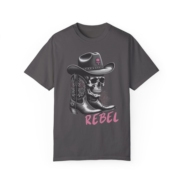 Printify T-Shirt Graphite / S Rebel Tee, Skull Cowboy Boots Rebel Unisex Comfort Colors 1717 Garment-Dyed T-Shirt Womens Tshirt Great Gift Idea Western Rock Band