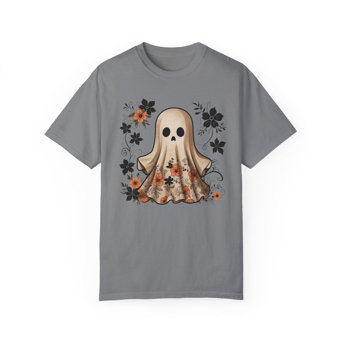 Printify T-Shirt Grey / S Ghostly Elegance with Flowers Garment-Dyed T-shirt Comfort Colors Halloween Tshirt Fall Tee Trendy Comfy Womens Gift Daughter Gift Mom Gift