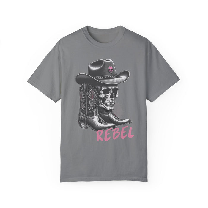 Printify T-Shirt Grey / S Rebel Tee, Skull Cowboy Boots Rebel Unisex Comfort Colors 1717 Garment-Dyed T-Shirt Womens Tshirt Great Gift Idea Western Rock Band