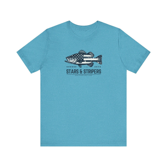 Printify T-Shirt Heather Aqua / S Patriotic Bass Fishing Stars & Stripers Jersey Short Sleeve Tee Soft Cotton Classic Nature Great Gift, Husband Gift, Wife Gift Fishing Shirt