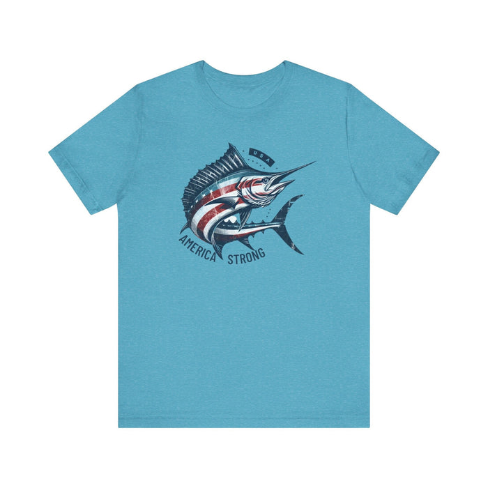 Printify T-Shirt Heather Aqua / S Patriotic Marlin America Strong Unisex Jersey Short Sleeve Tee Soft Cotton Classic Nature Great Gift, Husband Gift, Wife Gift, Fishing Shirt