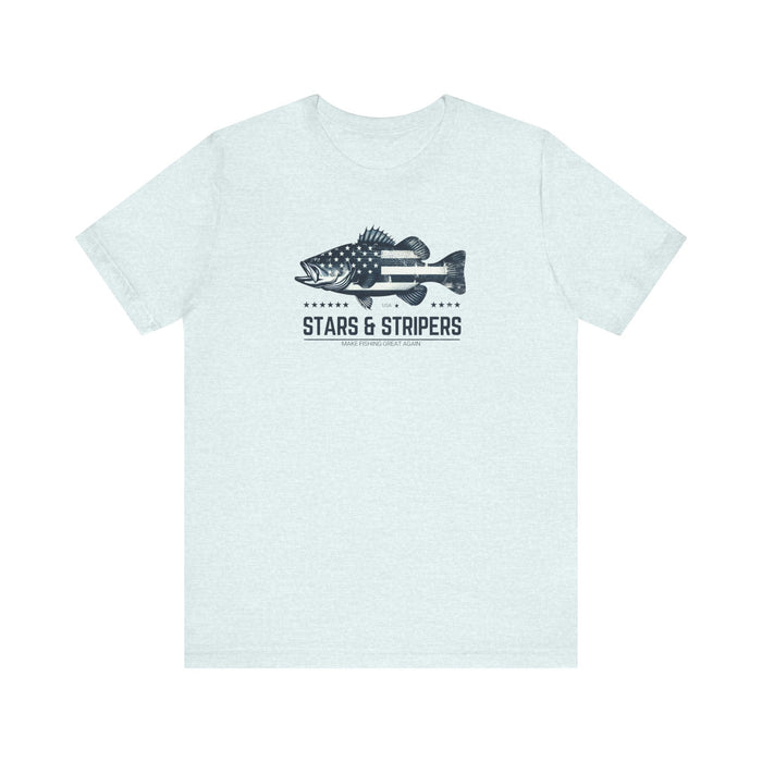 Printify T-Shirt Heather Ice Blue / S Patriotic Bass Fishing Stars & Stripers Jersey Short Sleeve Tee Soft Cotton Classic Nature Great Gift, Husband Gift, Wife Gift Fishing Shirt