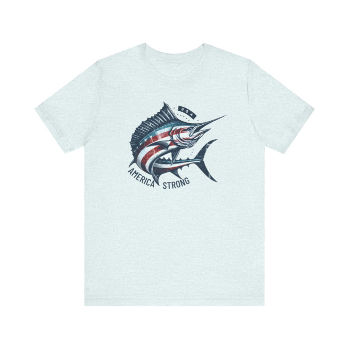 Printify T-Shirt Heather Ice Blue / S Patriotic Marlin America Strong Unisex Jersey Short Sleeve Tee Soft Cotton Classic Nature Great Gift, Husband Gift, Wife Gift, Fishing Shirt