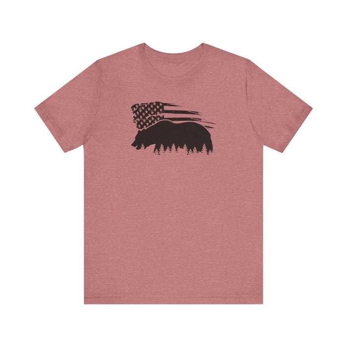 Printify T-Shirt Heather Mauve / S Bear Graphic Forest Tee: Patriotic Vibes for Every Occasion Great Gift Idea for a Camper or HIker