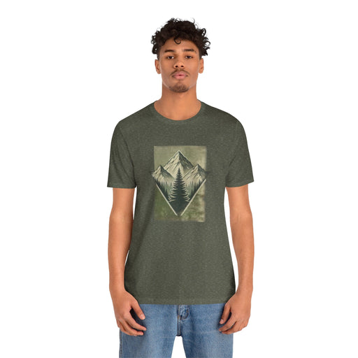 Printify T-Shirt Heather Military Green / XS Men's Retro Tree Graphic T-Shirt Outdoor Trail Nature Shirt Mountainscape Camping Shirt Christmas Gift Fathers Day Gift