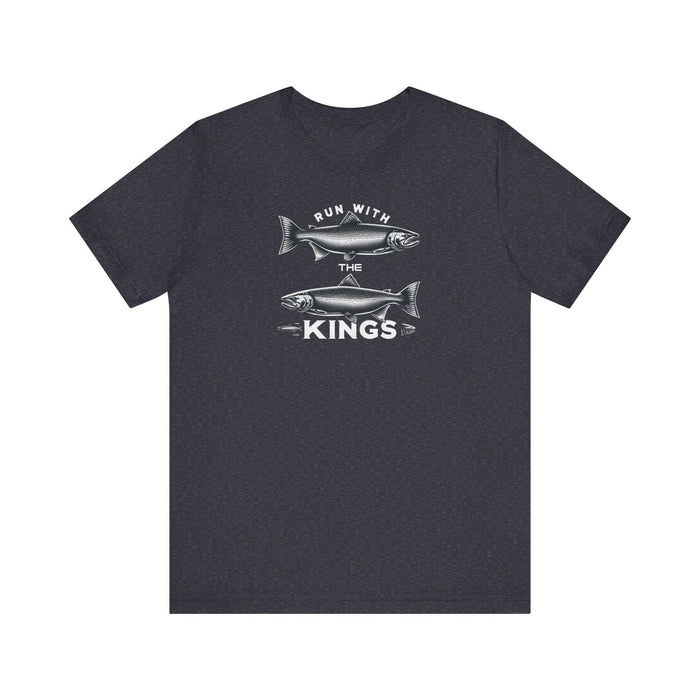 Printify T-Shirt Heather Navy / S Run With the Kings The King Salmon Unisex Jersey Short Sleeve Tee Fishing Tshirt, Great Gift, Outdoor Adventure, Husband Gift, Brother Gift