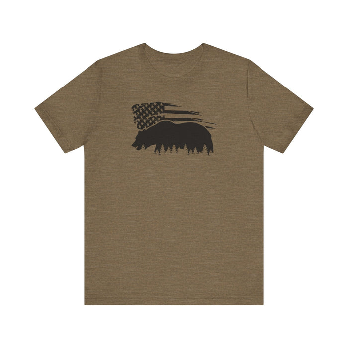 Printify T-Shirt Heather Olive / S Bear Graphic Forest Tee: Patriotic Vibes for Every Occasion Great Gift Idea for a Camper or HIker