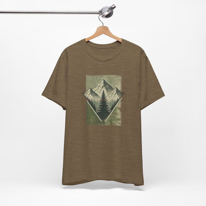 Printify T-Shirt Heather Olive / XS Men's Retro Tree Graphic T-Shirt Outdoor Trail Nature Shirt Mountainscape Camping Shirt Christmas Gift Fathers Day Gift