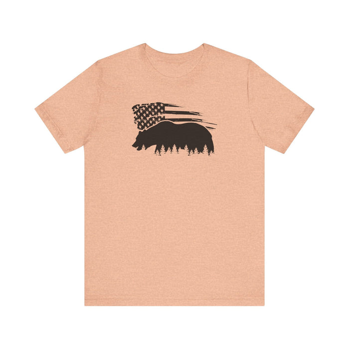 Printify T-Shirt Heather Peach / S Bear Graphic Forest Tee: Patriotic Vibes for Every Occasion Great Gift Idea for a Camper or HIker