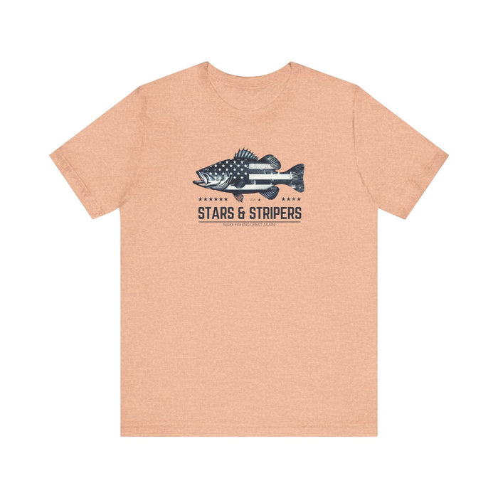 Printify T-Shirt Heather Peach / S Patriotic Bass Fishing Stars & Stripers Jersey Short Sleeve Tee Soft Cotton Classic Nature Great Gift, Husband Gift, Wife Gift Fishing Shirt