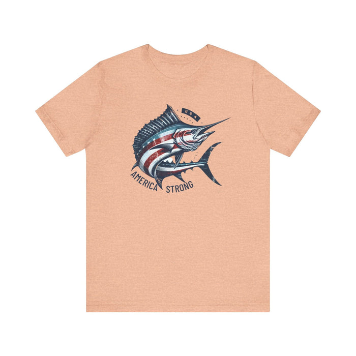 Printify T-Shirt Heather Peach / S Patriotic Marlin America Strong Unisex Jersey Short Sleeve Tee Soft Cotton Classic Nature Great Gift, Husband Gift, Wife Gift, Fishing Shirt