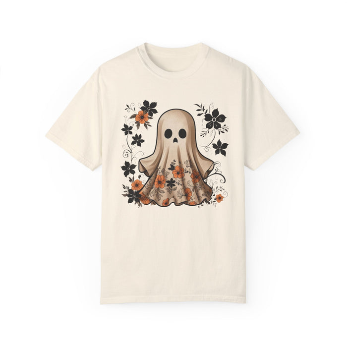 Printify T-Shirt Ivory / S Ghostly Elegance with Flowers Garment-Dyed T-shirt Comfort Colors Halloween Tshirt Fall Tee Trendy Comfy Womens Gift Daughter Gift Mom Gift