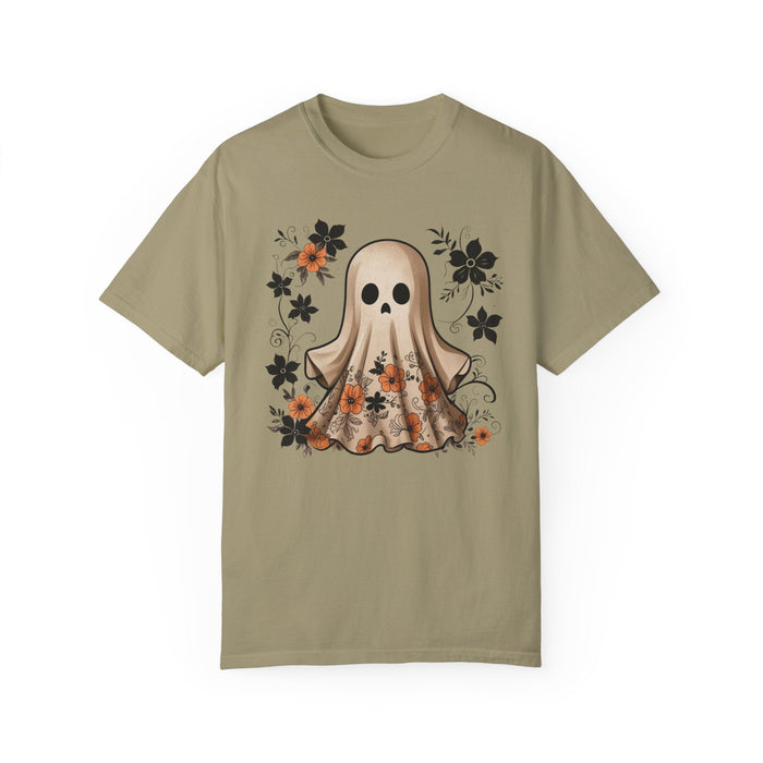 Printify T-Shirt Khaki / S Ghostly Elegance with Flowers Garment-Dyed T-shirt Comfort Colors Halloween Tshirt Fall Tee Trendy Comfy Womens Gift Daughter Gift Mom Gift