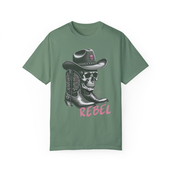 Printify T-Shirt Light Green / S Rebel Tee, Skull Cowboy Boots Rebel Unisex Comfort Colors 1717 Garment-Dyed T-Shirt Womens Tshirt Great Gift Idea Western Rock Band