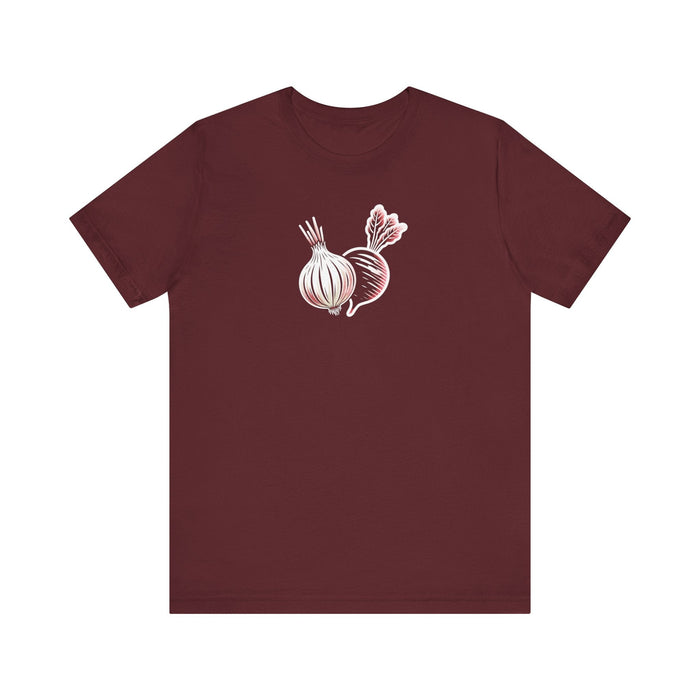 Printify T-Shirt Maroon / S Farm Fresh Duo Onion & Beet Vibes Tee Graphic Tee Shirt for Women Minimalist Foodie Cook Baker Hiking Camping Botanical Gardner Farmer