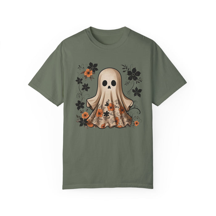 Printify T-Shirt Moss / S Ghostly Elegance with Flowers Garment-Dyed T-shirt Comfort Colors Halloween Tshirt Fall Tee Trendy Comfy Womens Gift Daughter Gift Mom Gift