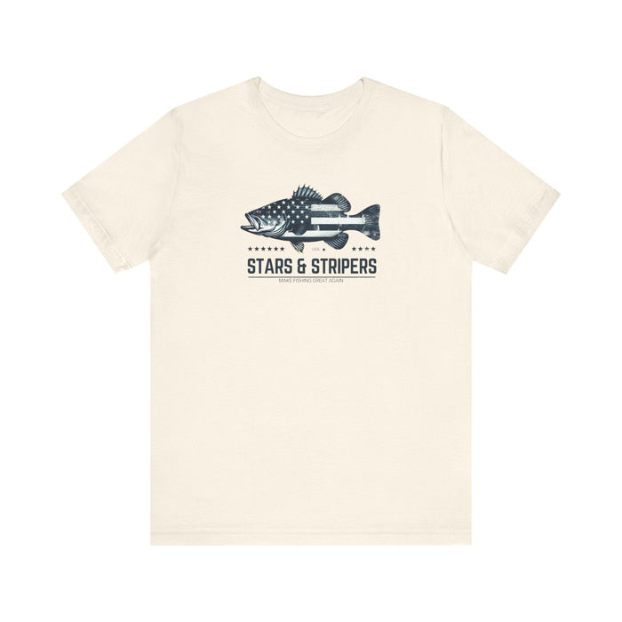 Printify T-Shirt Natural / S Patriotic Bass Fishing Stars & Stripers Jersey Short Sleeve Tee Soft Cotton Classic Nature Great Gift, Husband Gift, Wife Gift Fishing Shirt