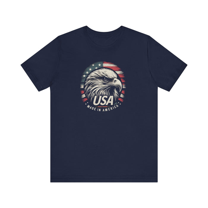 Printify T-Shirt Navy / S Patriotic USA Made in America and Built Tough Unisex Jersey Short Sleeve Tee Soft Cotton Classic Great Gift, Husband Gift, Wife Gift