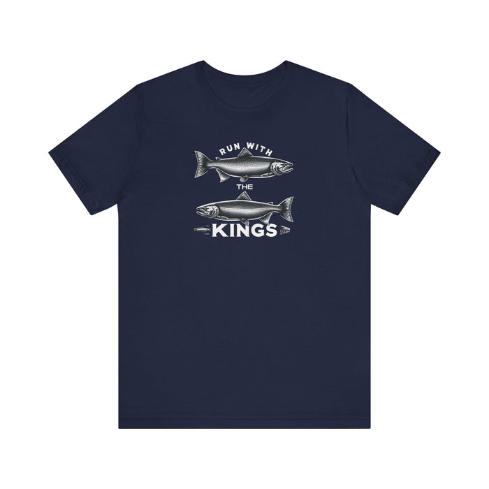 Printify T-Shirt Navy / S Run With the Kings The King Salmon Unisex Jersey Short Sleeve Tee Fishing Tshirt, Great Gift, Outdoor Adventure, Husband Gift, Brother Gift