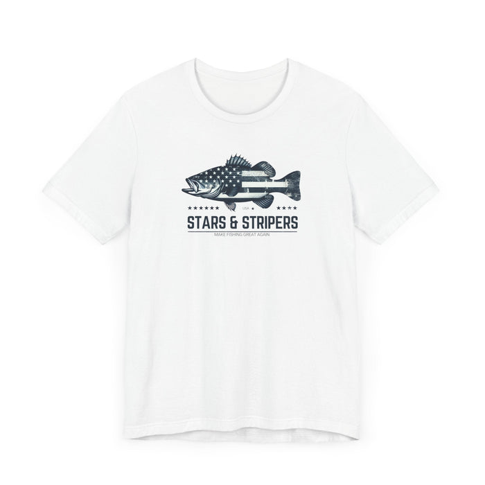 Printify T-Shirt Patriotic Bass Fishing Stars & Stripers Jersey Short Sleeve Tee Soft Cotton Classic Nature Great Gift, Husband Gift, Wife Gift Fishing Shirt