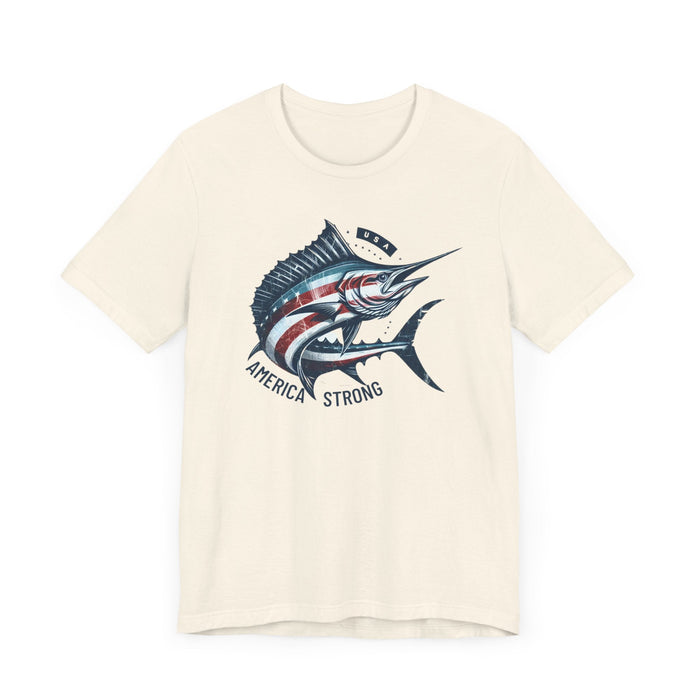 Printify T-Shirt Patriotic Marlin America Strong Unisex Jersey Short Sleeve Tee Soft Cotton Classic Nature Great Gift, Husband Gift, Wife Gift, Fishing Shirt