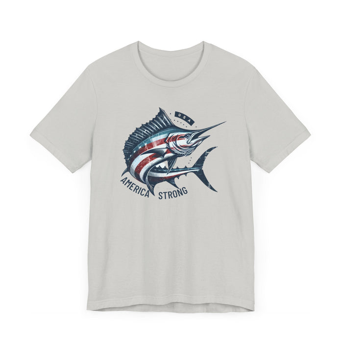 Printify T-Shirt Patriotic Marlin America Strong Unisex Jersey Short Sleeve Tee Soft Cotton Classic Nature Great Gift, Husband Gift, Wife Gift, Fishing Shirt