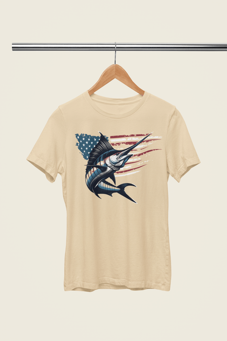 Printify T-Shirt Patriotic Marlin Freedom Unisex Jersey Short Sleeve Tee Soft Cotton Classic Nature Lover Great Gift, Husband Gift, Wife Gift, Fishing Shirt