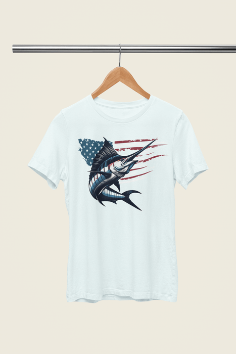 Printify T-Shirt Patriotic Marlin Freedom Unisex Jersey Short Sleeve Tee Soft Cotton Classic Nature Lover Great Gift, Husband Gift, Wife Gift, Fishing Shirt