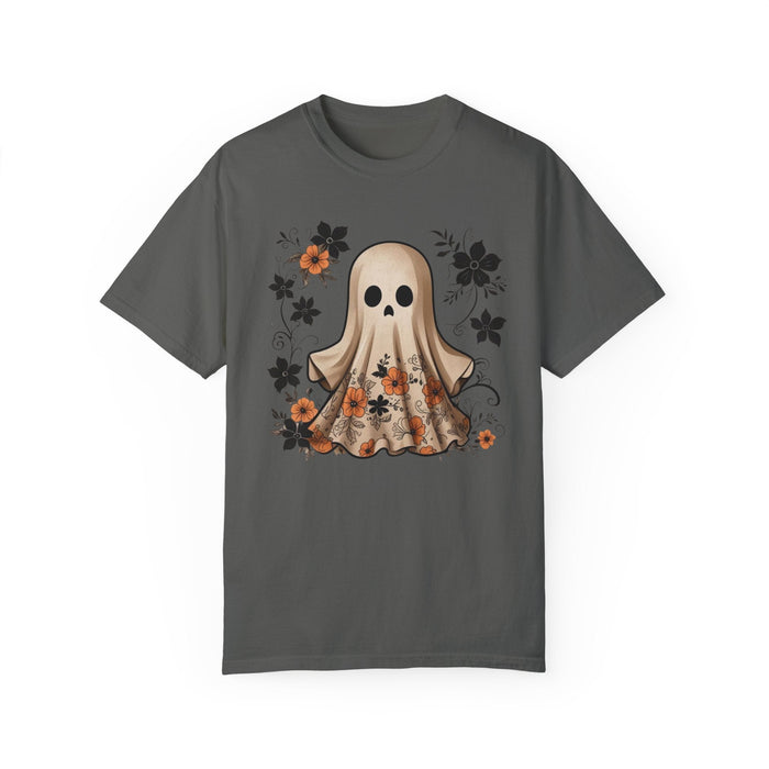 Printify T-Shirt Pepper / S Ghostly Elegance with Flowers Garment-Dyed T-shirt Comfort Colors Halloween Tshirt Fall Tee Trendy Comfy Womens Gift Daughter Gift Mom Gift