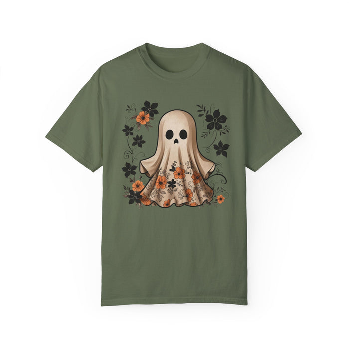 Printify T-Shirt Sage / S Ghostly Elegance with Flowers Garment-Dyed T-shirt Comfort Colors Halloween Tshirt Fall Tee Trendy Comfy Womens Gift Daughter Gift Mom Gift