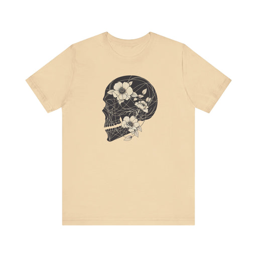 Printify T-Shirt Soft Cream / S Floral Skull T-Shirt Design - Live Wild Skull with Flowers and Vines Graphic Tee Great Gift, Skateboarder Shirt, Rock and Roll Shirt, Rose