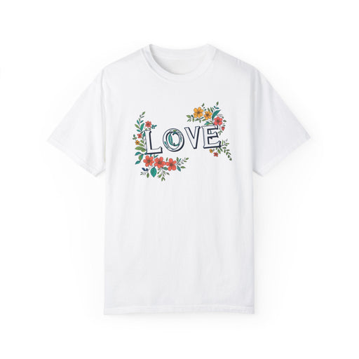 Printify T-Shirt White / S Floral Love in Vibrant Blooms Unisex Garment-Dyed T-shirt