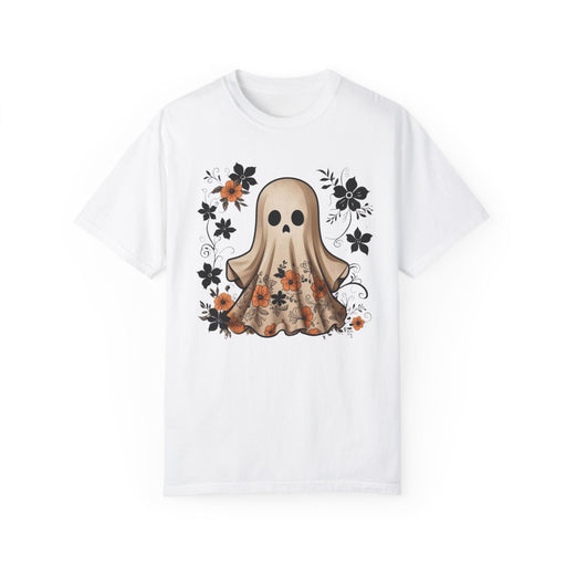 Printify T-Shirt White / S Ghostly Elegance with Flowers Garment-Dyed T-shirt Comfort Colors Halloween Tshirt Fall Tee Trendy Comfy Womens Gift Daughter Gift Mom Gift