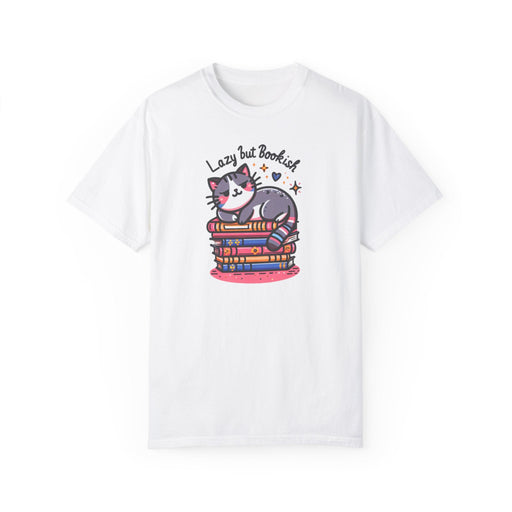 Printify T-Shirt White / S Lazy but Bookish Adorable Cat on Books Comfort Colors T-Shirt Relaxed Fit100% Cotton Great Gift, Students, Teachers, Mom Gift Daughter Gift