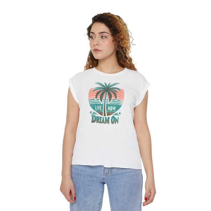 Printify T-Shirt White / S Live Now Dream On Women's Muscle Tee: Sporty Style with a Touch of Edge Tshirt