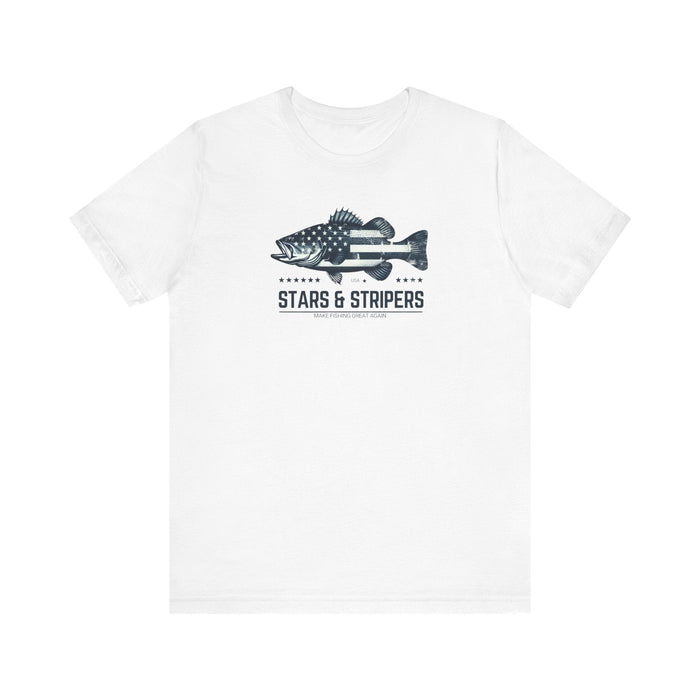 Printify T-Shirt White / S Patriotic Bass Fishing Stars & Stripers Jersey Short Sleeve Tee Soft Cotton Classic Nature Great Gift, Husband Gift, Wife Gift Fishing Shirt