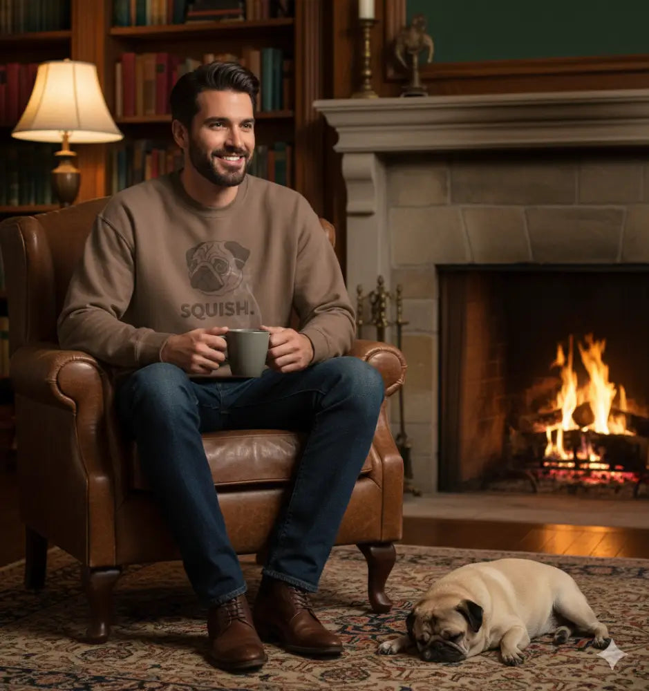 Cozy brown leather armchair with Pug Sweatshirt Squish dog lover crewneck design