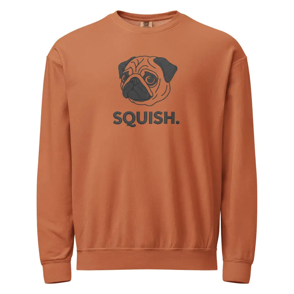 Terracotta pug face sweatshirt with squish text, minimalist dog lover crewneck