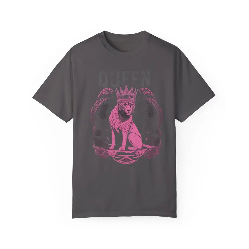 Dark gray garment-dyed t-shirt with pink crowned panther graphic