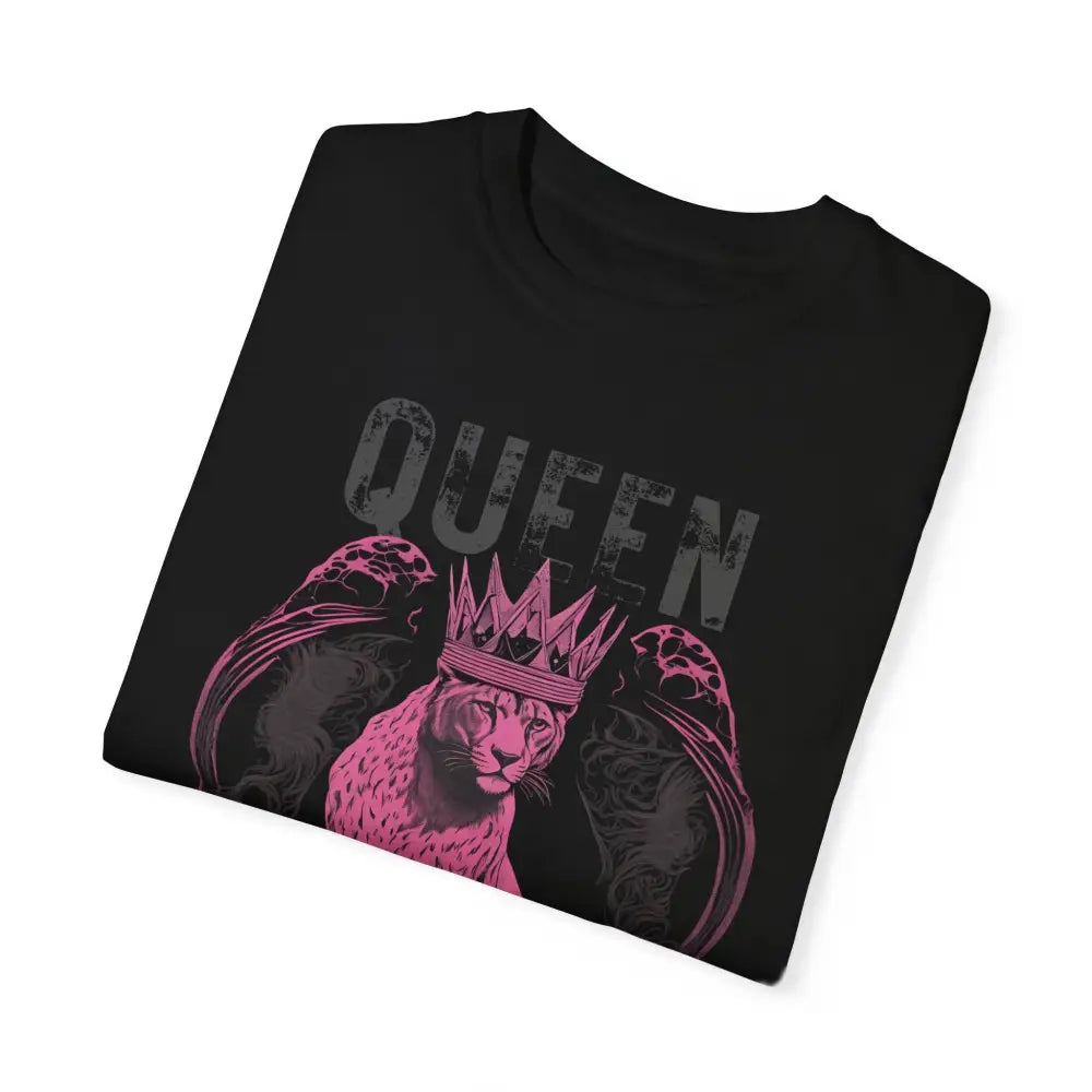 Pink Panther Queen graphic on garment-dyed black t-shirt