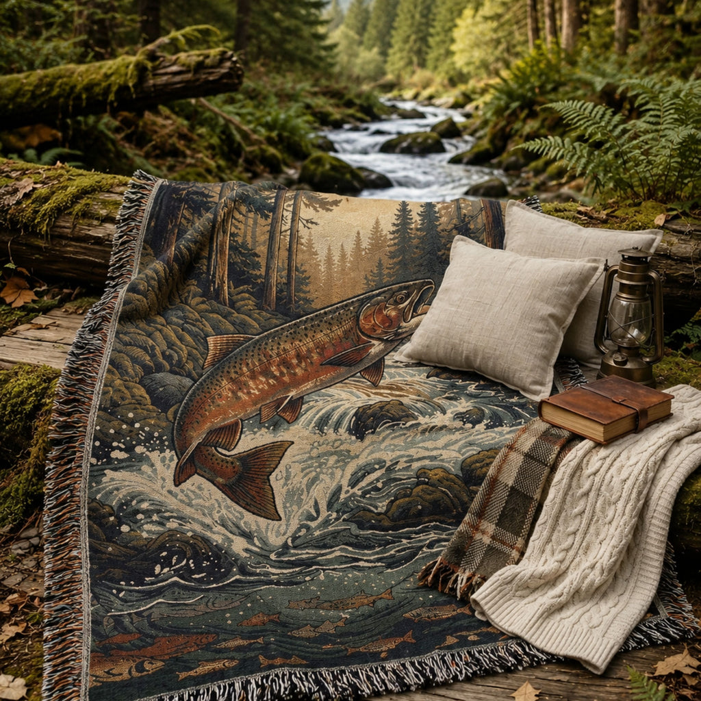 The River King rainbow trout woven throw — a trout leaping from whitewater rapids, woven in cotton — Trini Skies
