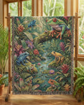 Vibrant rainforest frog woven blanket with lush jungle frogs and Trini Skies wildlife nature throw