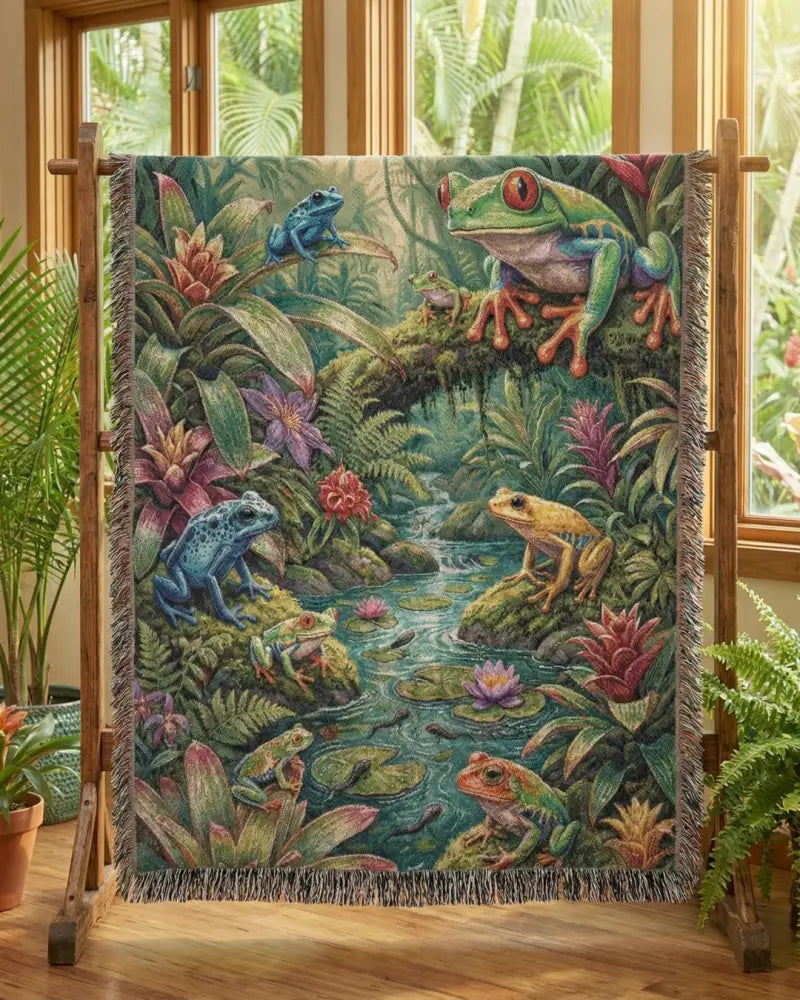 Vibrant rainforest frog woven blanket with lush jungle frogs and Trini Skies wildlife nature throw