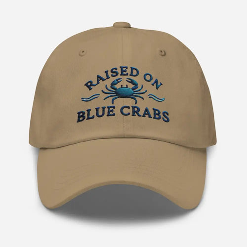 Khaki embroidered blue crabs dad hat – coastal seafood cotton twill adjustable cap